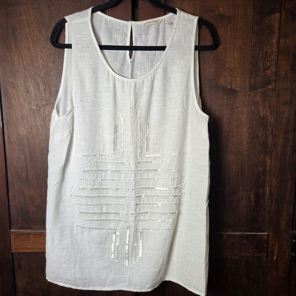 Soft Surroundings Tank Top Womens XL White Beaded Sequin Geometric Tunic Cotton